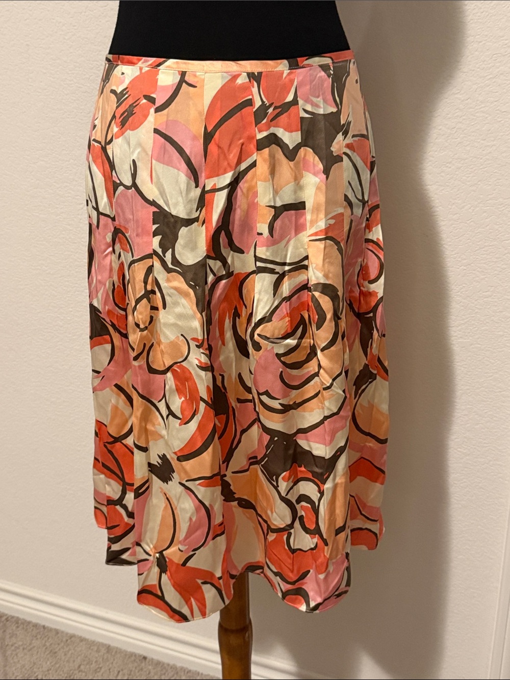 100% Silk Floral A-Line Midi Skirt in Peach & Pink